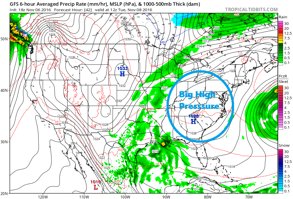 High pressure represented by a blue H usually brings tranquil weather with it. (Courtesy Tropical Tidbits)