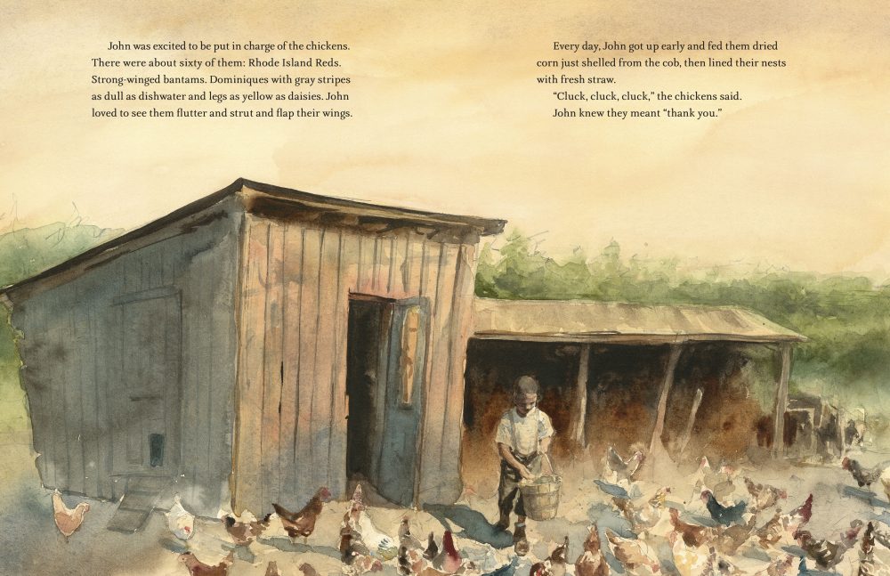 Interior image of "Preaching to the Chickens: The Story of Young John Lewis" written by Jabari Asim and illustrated by E. B. Lewis. (Courtesy Penguin Random House)