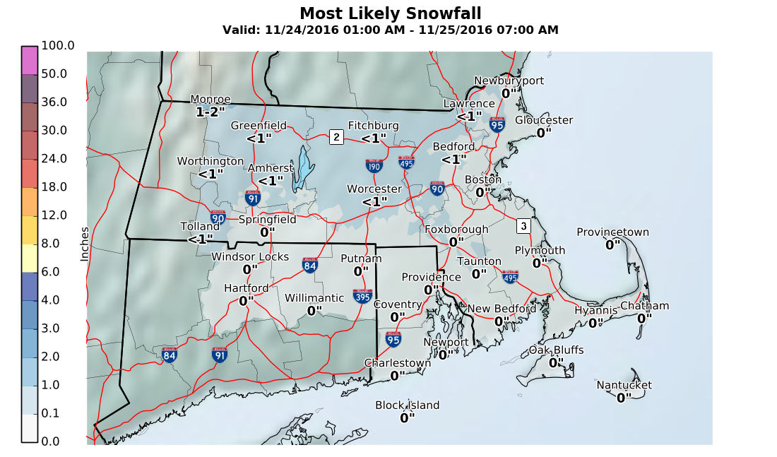Wintry precipitation should be confined to inland and northern areas of southern New England for Thanksgiving. (Courtesy NOAA in Taunton)