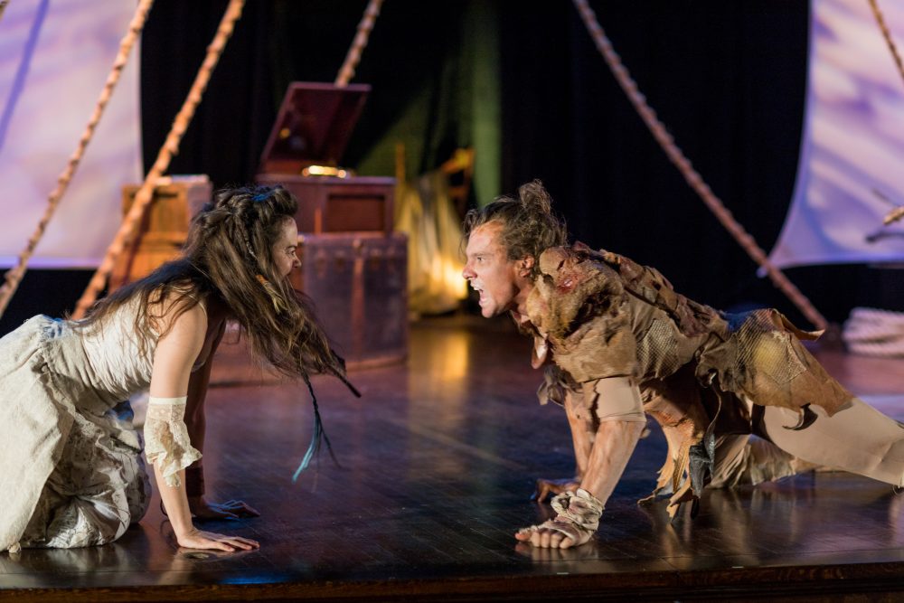 Miranda (Lydia Barnett-Mulligan) and Caliban (Jesse Hinson) take to the floor in the staging of "The Tempest" at Brookline's United Parish. (Courtesy Nile Scott Shots/Actors' Shakespeare Project)
