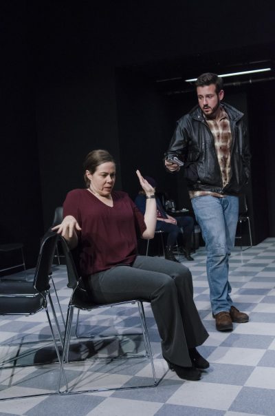 Skip offers a flask to his sister, Patty, in "Faithless," onstage at Boston Playwrights' Theatre. (Courtesy Kalman Zabarsky/Boston Playwrights' Theatre)