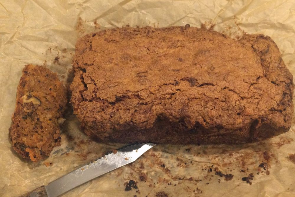 Itamar Srulovich and Sarit Packer's spiced carrot and walnut cake, from their cookbook "Golden." (Kathy Gunst for Here & Now)