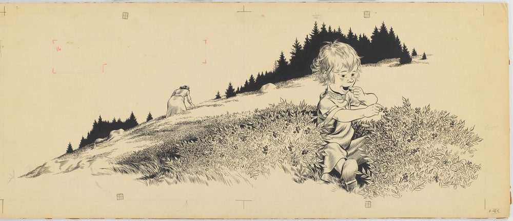 Drawing for "Blueberries for Sal" (1948): “Little Sal sat down in the middle of a large clump of bushes and ate blueberries." (Courtesy Museum of Fine Arts, Boston)
