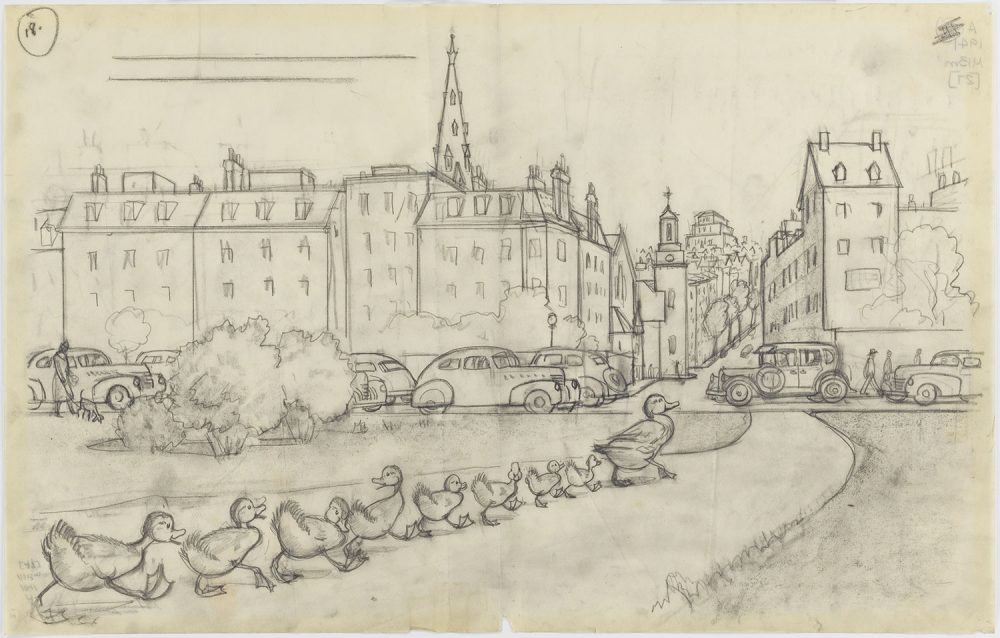 Drawing for "Make Way for Ducklings": “There they waded ashore and waddled along till they came to the highway." By Robert McCloskey, 1941, graphite. (Courtesy Museum of Fine Arts, Boston)
