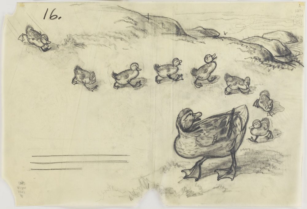 Drawing for "Make Way for Ducklings": “She taught them to walk in a line, to come when they were called, and to keep a safe distance from bikes and scooters and other things with wheels." By Robert McCloskey, 1941, graphite. (Courtesy Museum of Fine Arts, Boston)