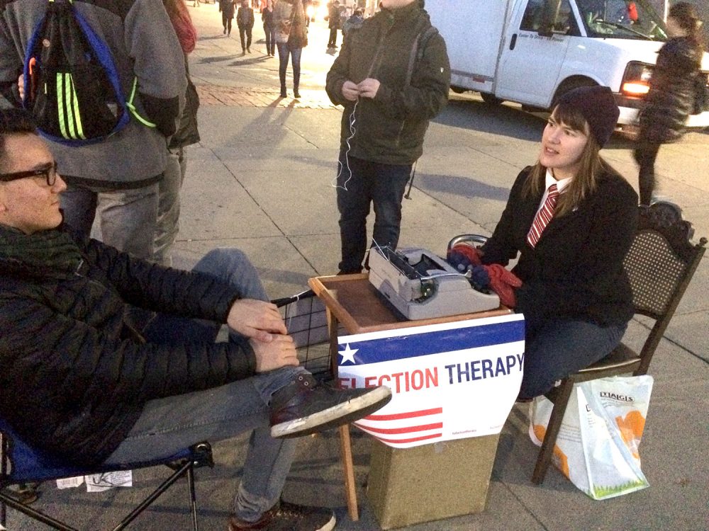 Julie Ann Otis offers "Election Therapy" outside Boston's Park Street MBTA station on Election Day, Nov. 8, 2016. (Courtesy Julie Ann Otis)
