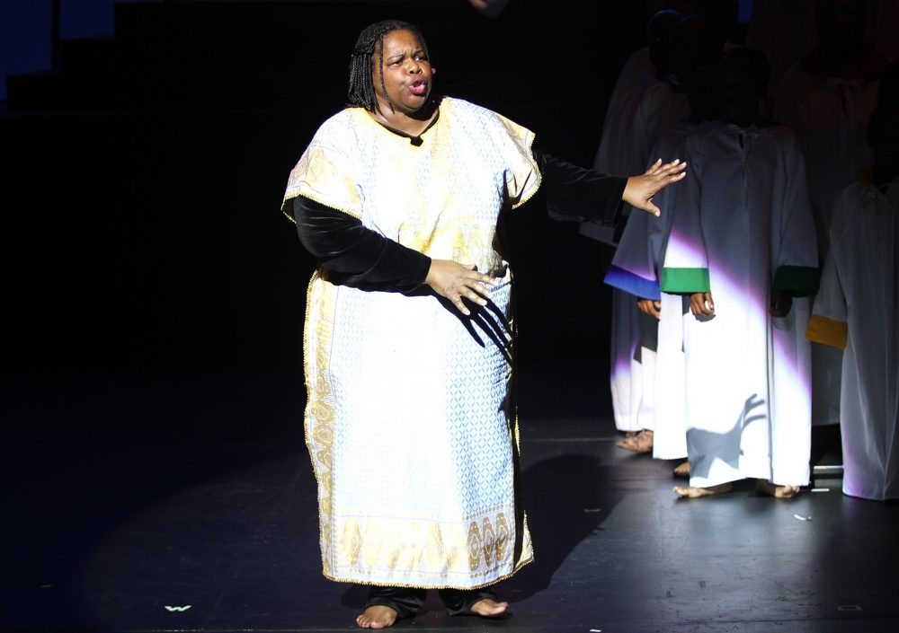 The cast of "Black Nativity" run through a dress rehearsal at the Paramount Center on Wednesday, Nov. 30. (Hadley Green for WBUR)
