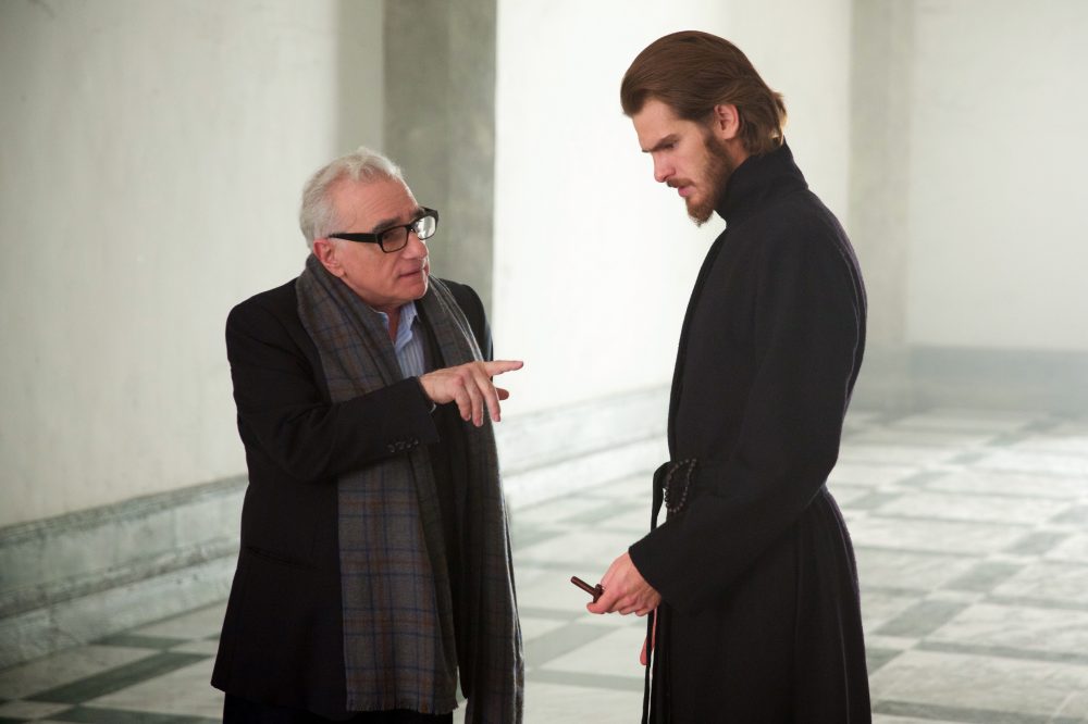 Director Martin Scorsese talks with Andrew Garfield on the set of the "Silence." (Courtesy Kerry Brown/Paramount Pictures)
