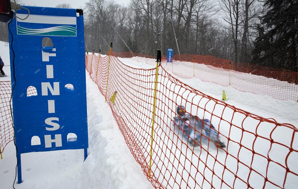 A sled races across the finish line on Wachusett Mountain. (Robin Lubbock/WBUR)