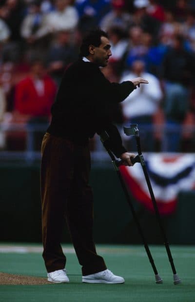 Steve Palermo throws out the ceremonial first pitch during the Kansas City Royals' 1992 home opener. (Earl Richardson/Getty Images)