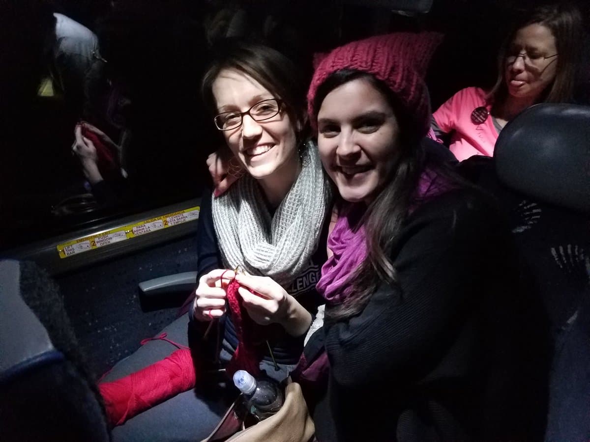 Women have been knitting "pussy hats" as a way of showing solidarity for Saturday's march. (Zeninjor Enwemeka/WBUR)