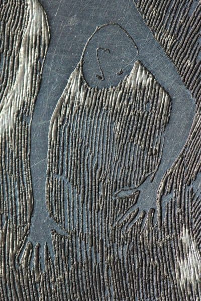 Edward Gorey, zinc etching plate for "Elephant with Prostrate Passenger." Edward Gorey, "Groomed Elephant Turning Right." (©Edward Gorey Charitable Trust)