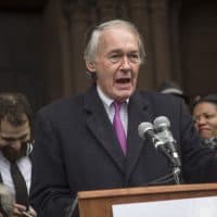 U.S. Senator Ed Markey speaking in Copley Square. (Jesse Costa/WBUR)