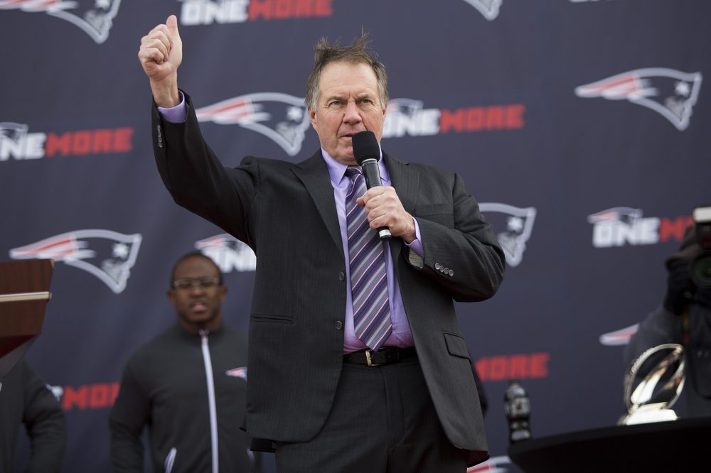 Coach Bill Belichick addresses the crowd. (Jesse Costa/WBUR)