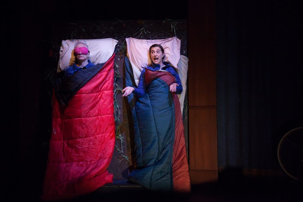 Danny Scheie and Aysan Celik play Terry and Mona, two itinerant actors, in Merrimack Rep's "The Making of a Great Moment." (Courtesy Meghan Moore/Merrimack Repertory Theatre)