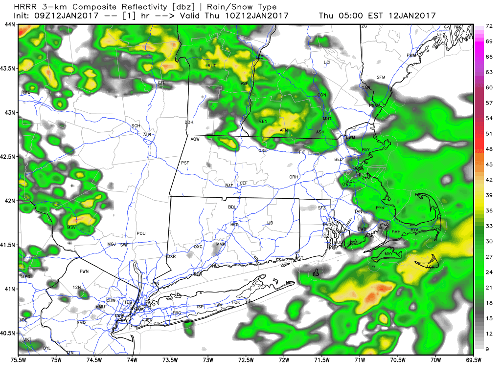Rain showers will be present during the late morning and afternoon today. (Courtesy Weatherbell Analytics)