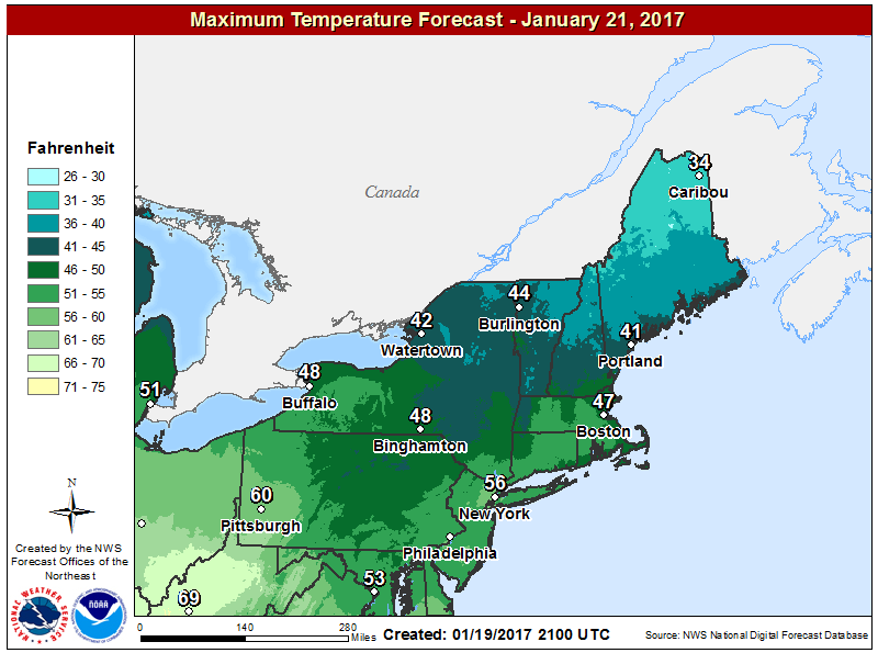 Highs Saturday will reach the 40s in much of New England. (Courtesy NOAA)