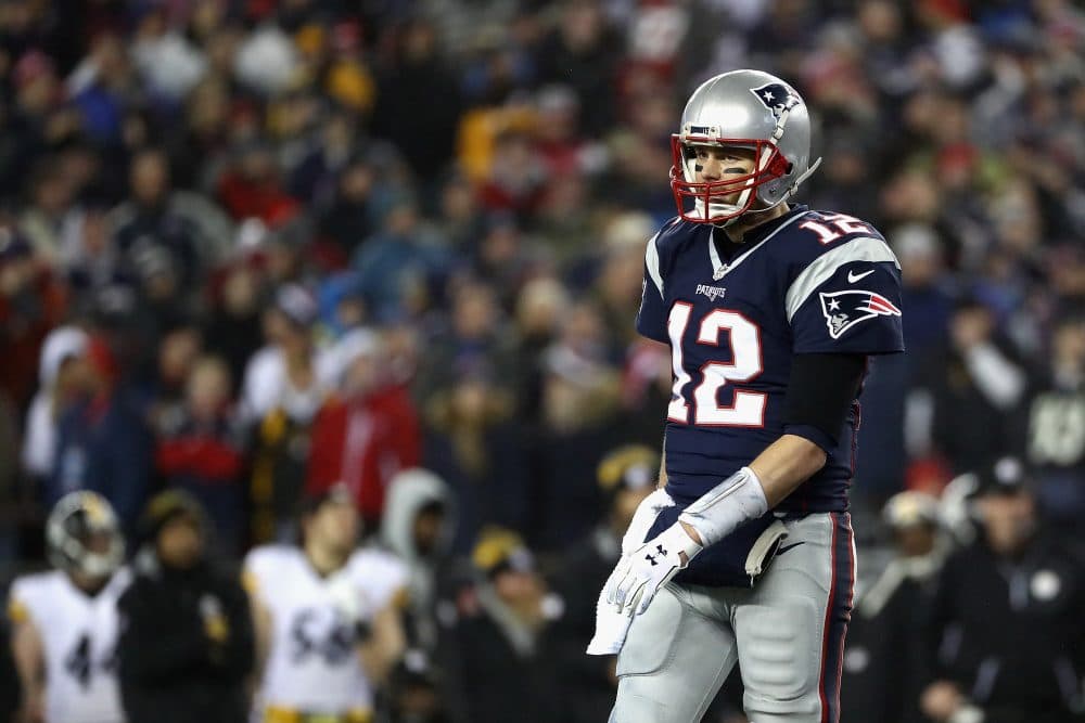 Brady on the field against the Pittsburgh Steelers in the AFC Championship Game at Gillette Stadium on Jan. 22 in Foxborough, Mass. (Elsa/Getty Images)