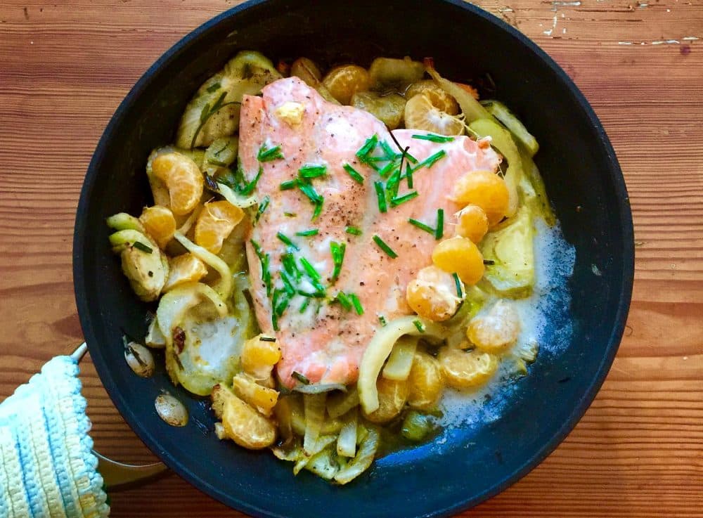 Kathy's roast salmon with tangerines and fennel with an orange-butter sauce. (Kathy Gunst for Here & Now)