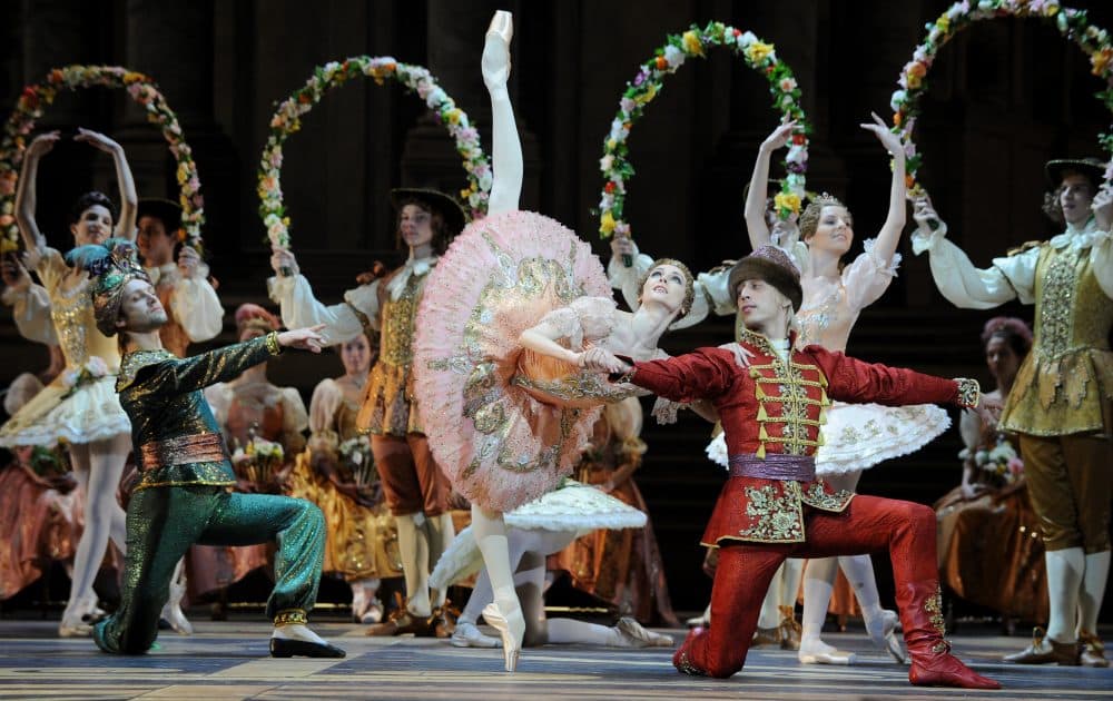 Russian dancer Svetlana Zakharova (center) and the Bolshoi ballet dancers perform during a rehearsal for a new production of Tchaikovsky's "The Sleeping Beauty" by Russian choreographer Yuri Grigorovich at the Bolshoi Theatre in Moscow on Nov. 16, 2011. (Natalia Kolesnikova/AFP/Getty Images)