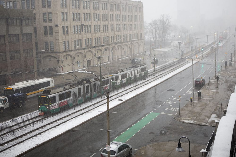 A stretch of Commonwealth Avenue as the snowfall begins to pick up in Boston. (Jesse Costa/WBUR)