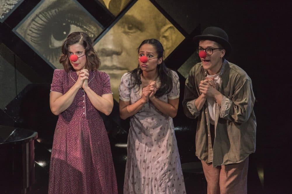 The cast is decked out in red clown noses through much of the play. (Courtesy Andrew Brilliant/New Repertory Theatre)