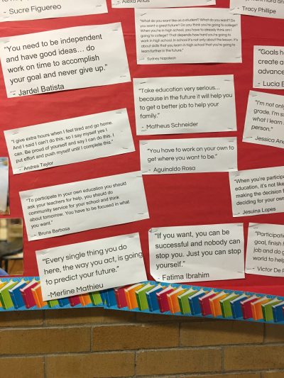 Student statements on the wall at BINcA (Max Larkin/WBUR)