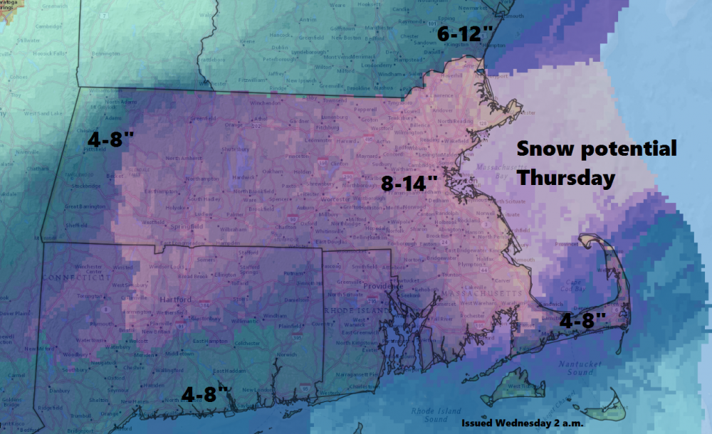 Anticipated snowfall for Thursday's storm. (Dave Epstein/WBUR)