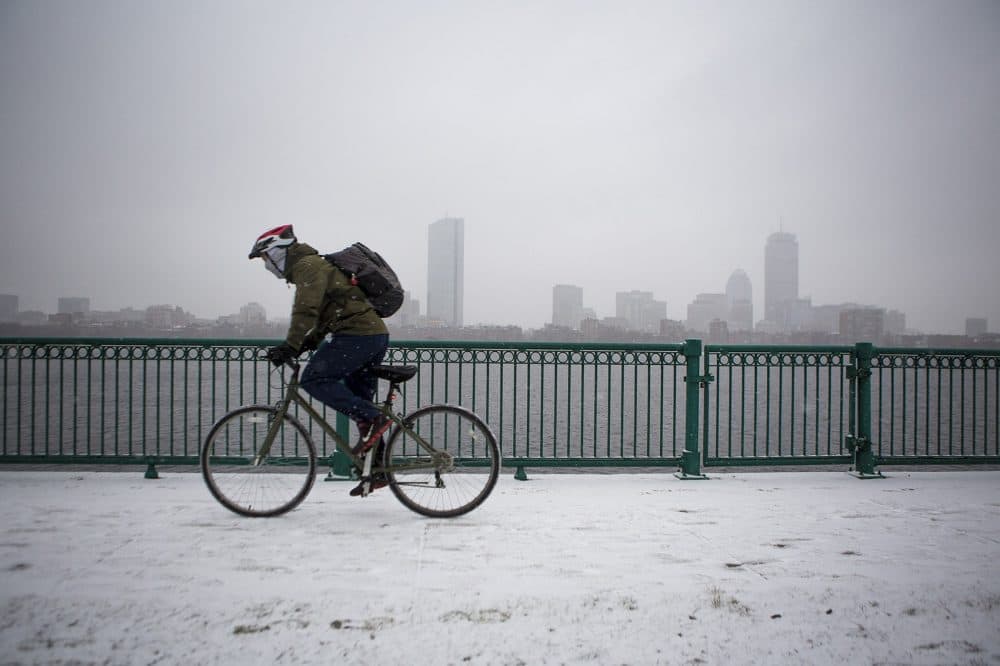 A cyclist rode down Memorial Drive in the early morning hours as the snow began to fall. (Jesse Costa/WBUR)