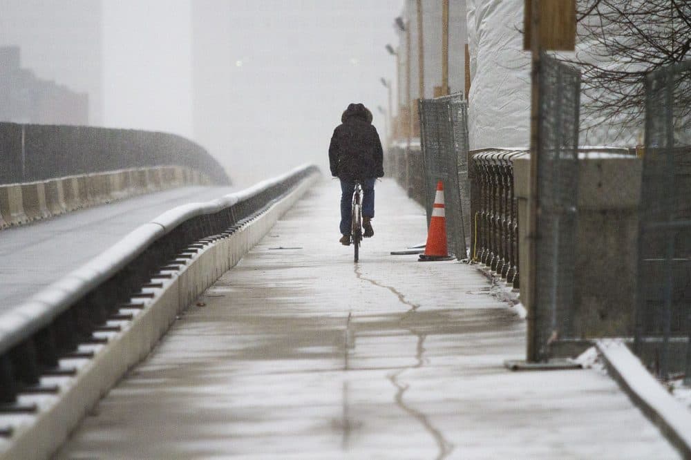 A cyclist traveled over the Longfellow Bridge through the snow. (Jesse Costa/WBUR)