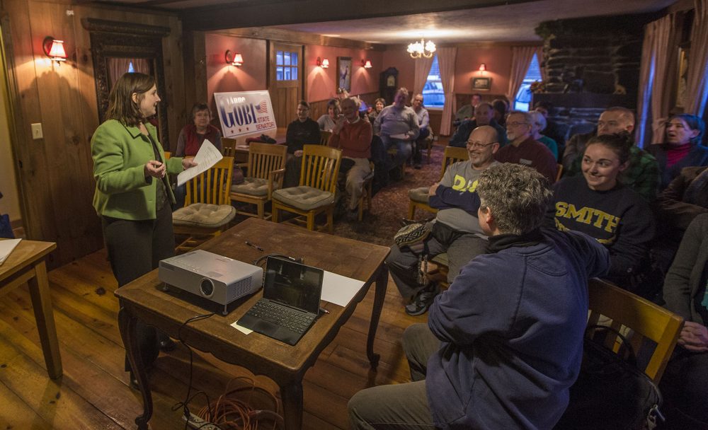 Danielle Kane, left, and Beth Coughlin, right, facing the room (Jesse Costa/WBUR)
