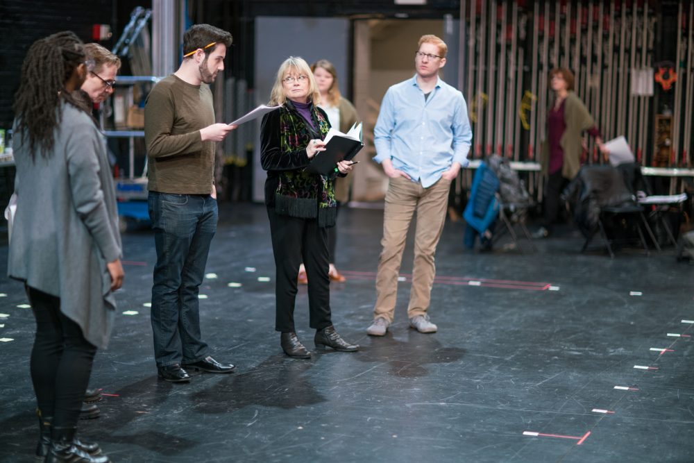The "Finish Line" cast in rehearsal onstage at the Shubert Theatre. (Courtesy Nile Scott/Boch Center)