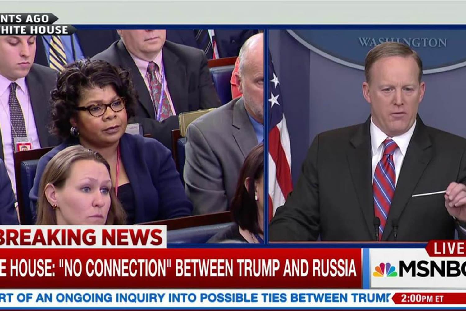 American Urban Radio Network White House Correspondent April Ryan (L) questions Press Secretary Sean Spicer in a March 28, 2017 White House press conference. (Screengrab via MSNBC)