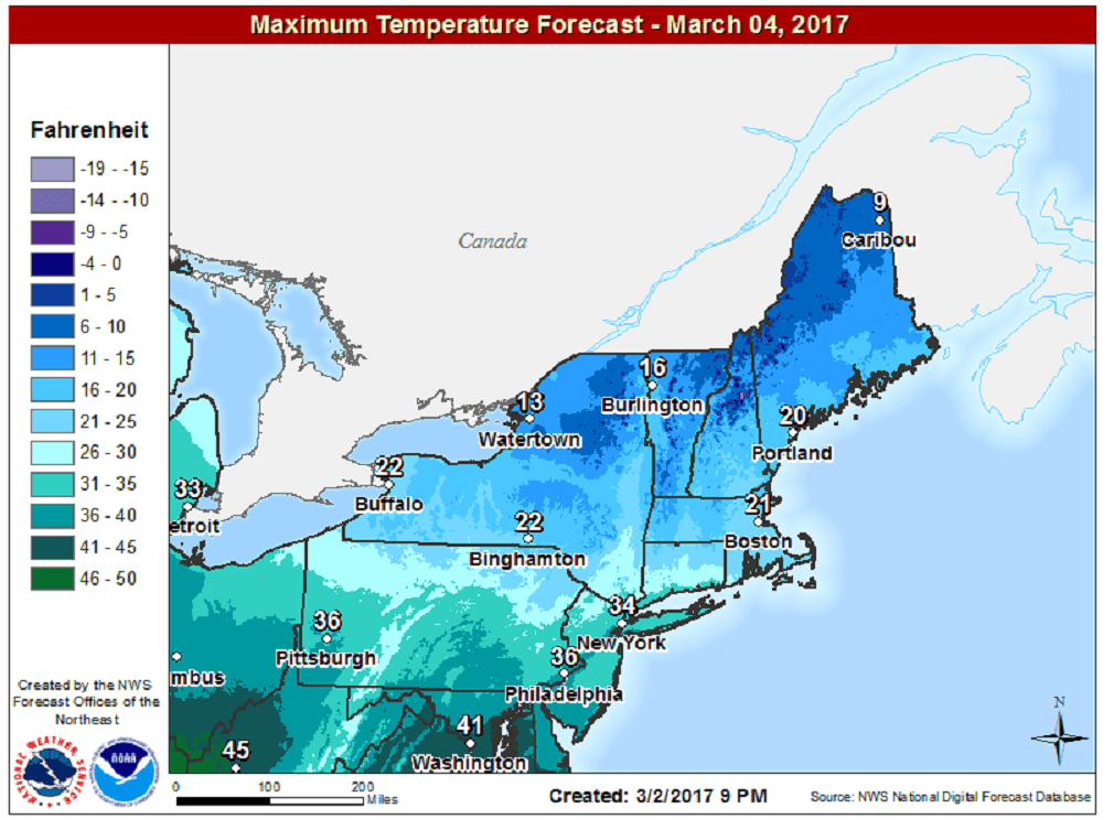 Highs in Saturday will average nearly 20 degrees below normal for early March. (Courtesy NOAA)