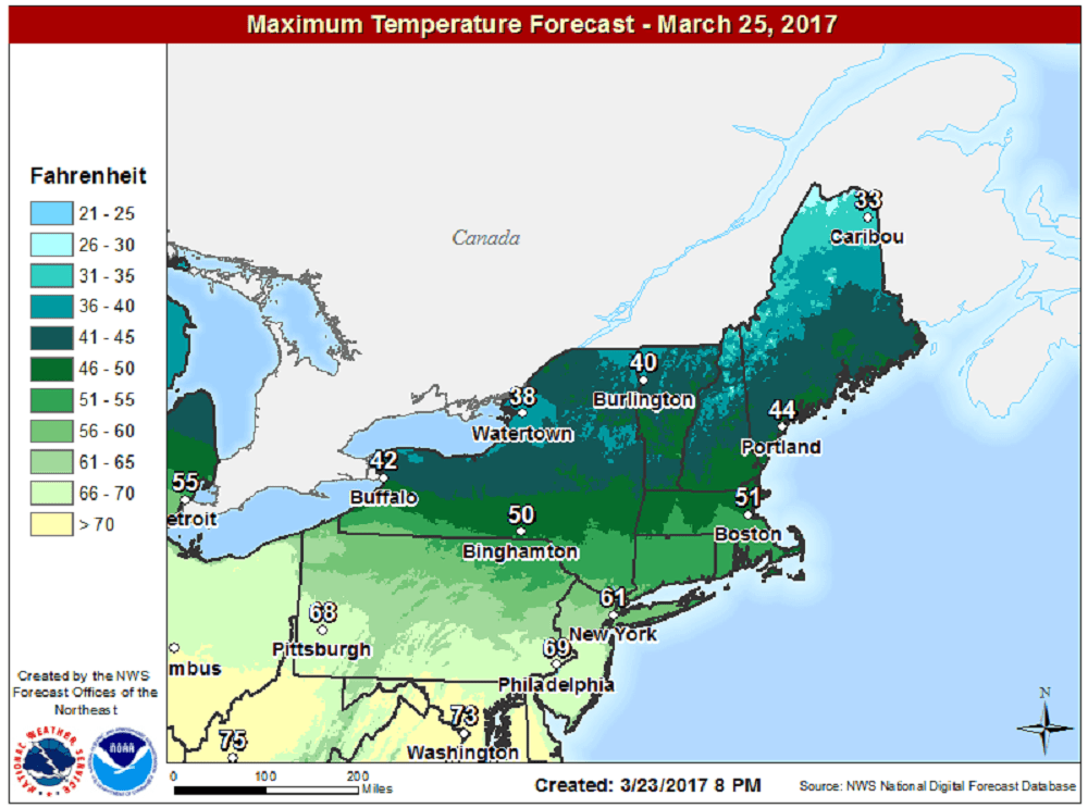 Saturday will be the warmest day of the weekend with highs about average for late March. (Courtesy NOAA)