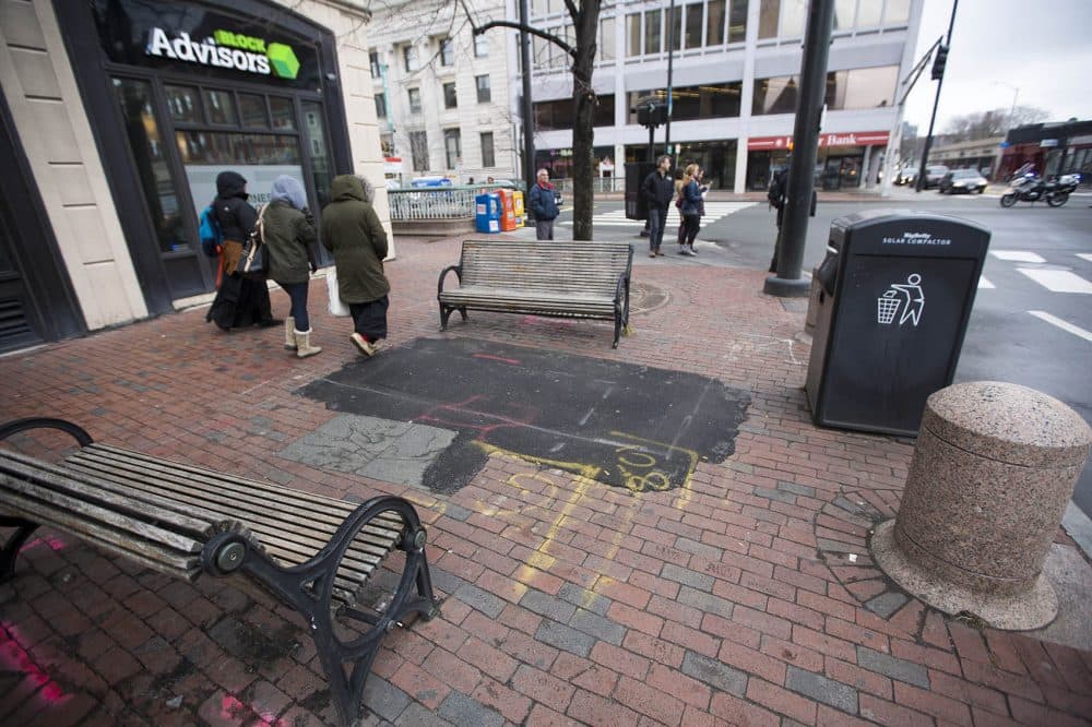 The corner of Western and Massachusetts avenues is the location of the planned placement of the "Portland Loo" public toilet in Central Square. (Jesse Costa/WBUR)