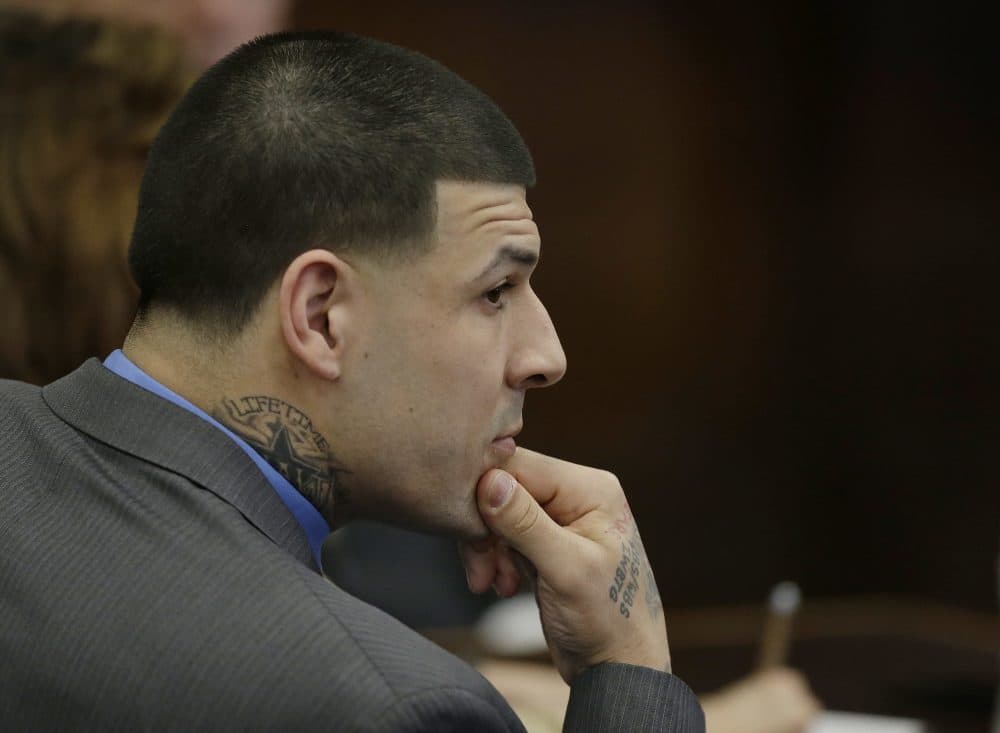 Former New England Patriots tight end Aaron Hernandez attends his double murder trial on Friday, the sixth day of jury deliberations. (Stephan Savoia/AP Pool)