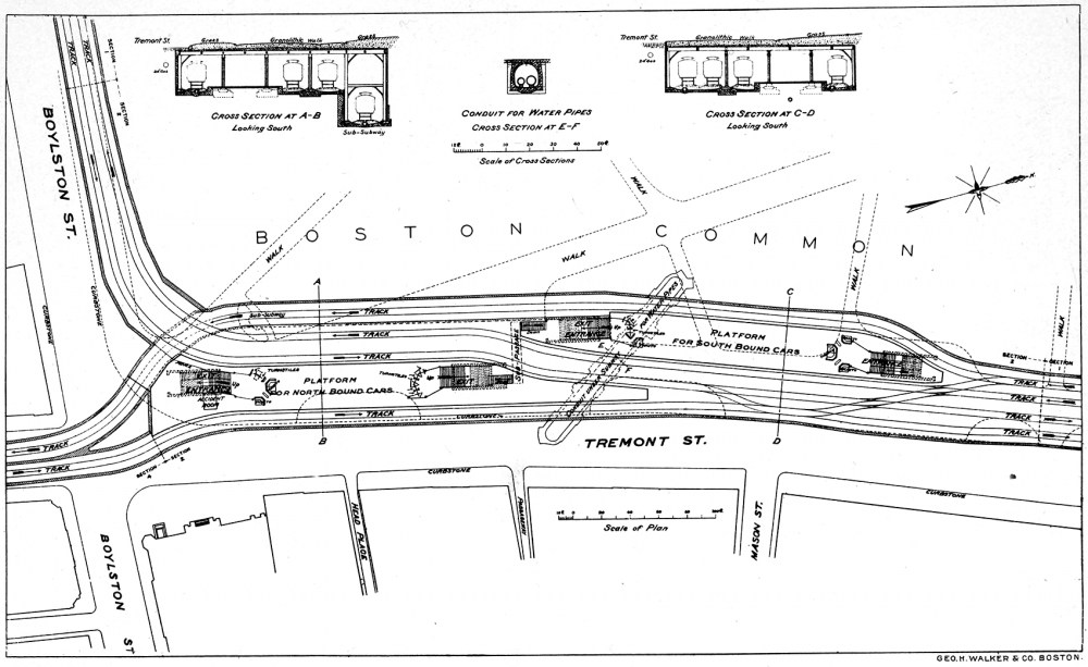 On the left side of this 1898 map of Boylston Station, see the tight turn the Green Line still makes today as it turns from Boylston onto Tremont. (Courtesy of Wikimedia Commons)