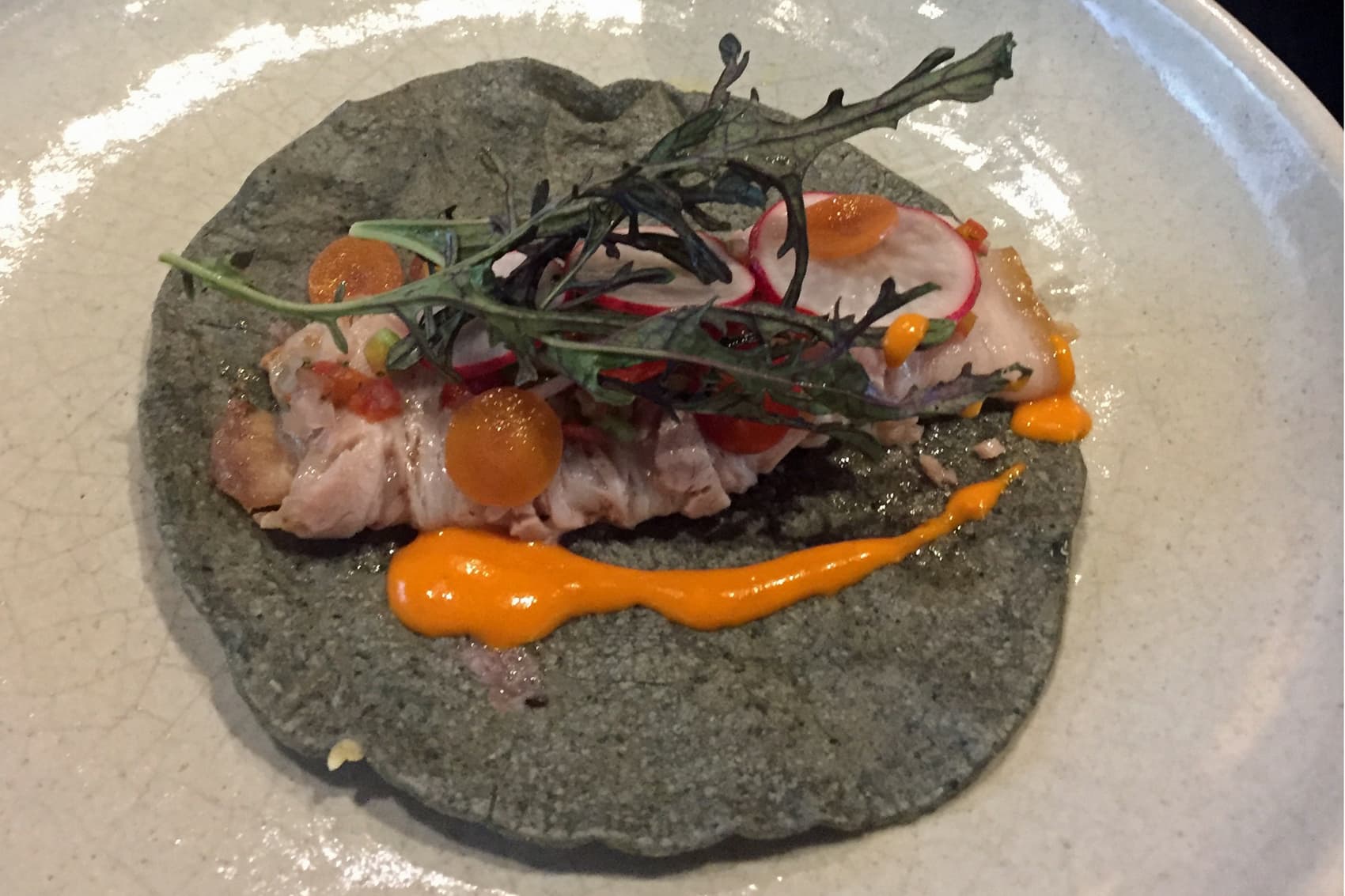 Pork belly on a blue corn taco, at Pujol in Mexico City. (Jeremy Hobson/Here & Now)