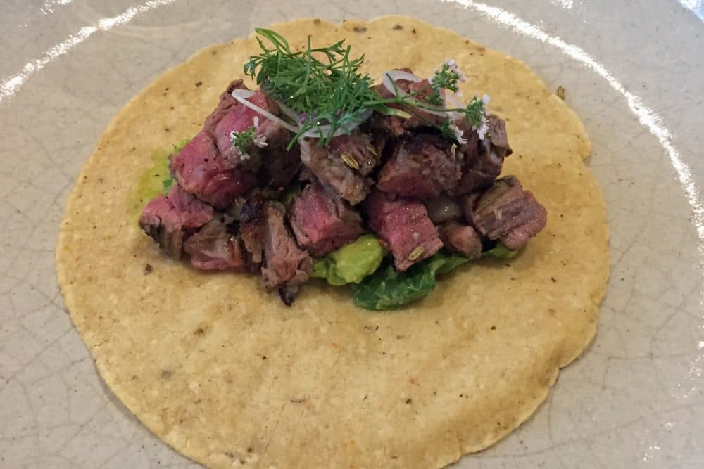 Wagyu beef taco, at Pujol in Mexico City. (Jeremy Hobson/Here & Now)