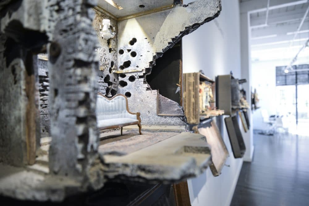 "Baggage Series" at Lanoue Gallery. "Baggage Series #1" is in the foreground. (Courtesy of Mohamad Hafez)