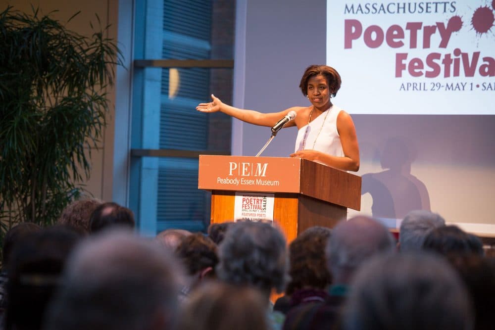 Massachusetts Poetry Festival executive director January Gill O’Neil speaks at a previous year's event. (Courtesy Massachusetts Poetry Festival)