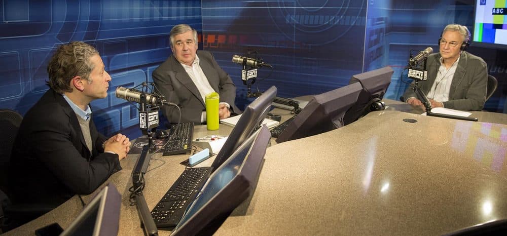 Bob Ley, Jeremy Schaap and Bill Littlefield tape this week's "3 Stories You Should Know" at ESPN in Bristol, Conn. (Robin Lubbock/WBUR)