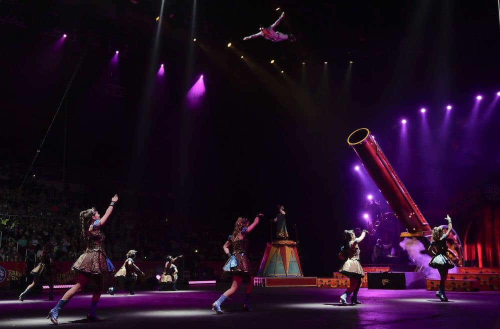 Nicole Sanders flies through the air after being shot from a cannon during a show on May 4. (Julie Jacobson/AP)