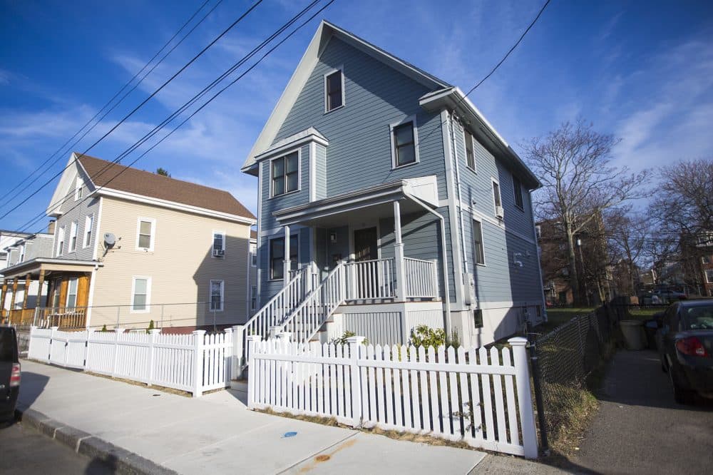 The latest single family house to be built by the Dudley Street Neighborhood Initiative's community land trust, on North Avenue. (Jesse Costa/WBUR)