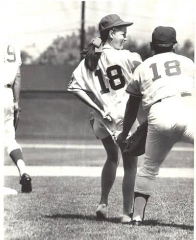 Gail and Caroline in a "husband-wife" game for the Royals. (Courtesy Gail Hopkins)