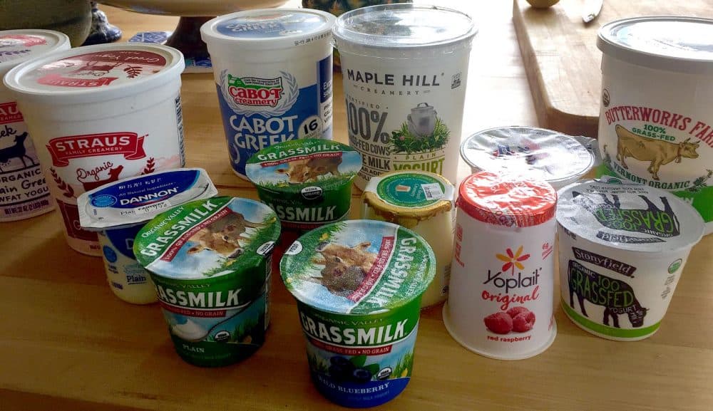 There are a multitude of varieties of yogurt available in stores: Greek, grass-fed and European style are just a few of the terms that you might see on labels. (Kathy Gunst for Here & Now)