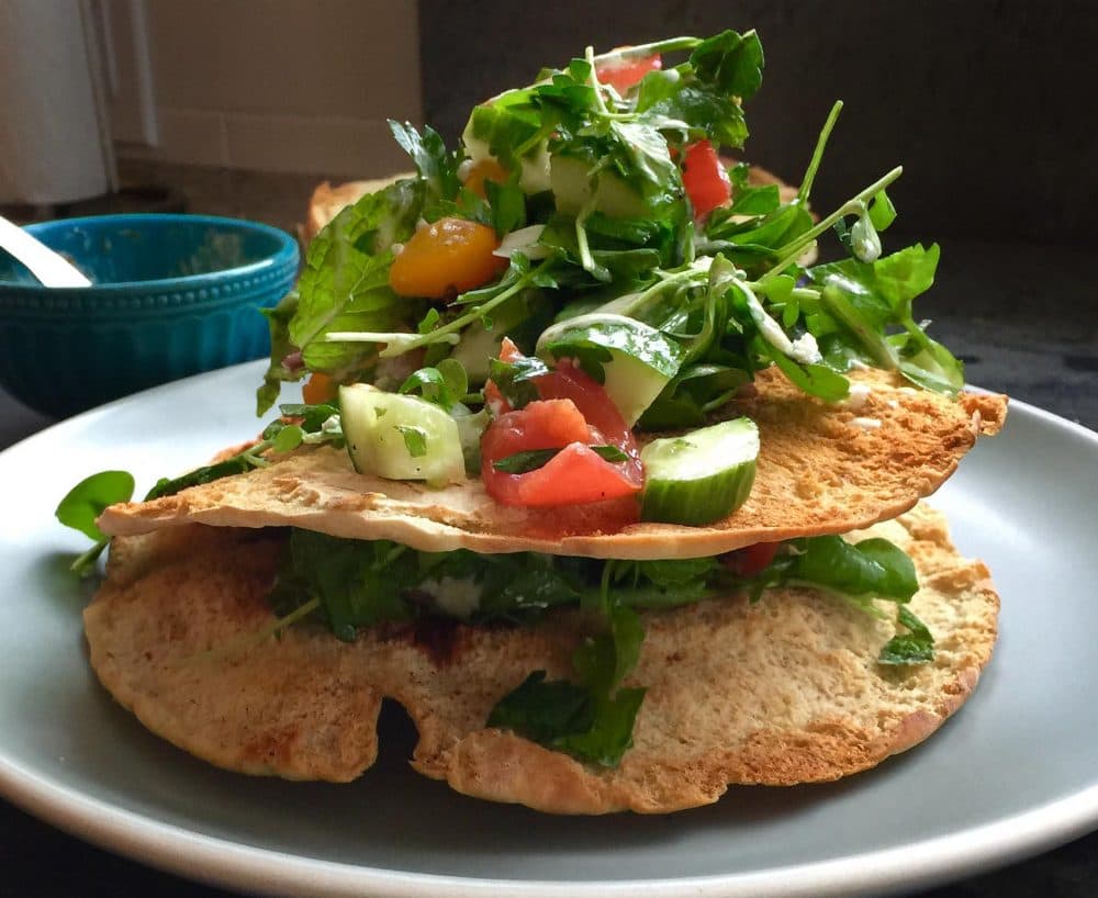 Kathy's fattoush tower with yogurt sauce. (Kathy Gunst for Here & Now)