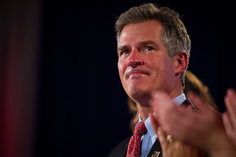 Scott Brown, seen here on Election Night in 2012, could be a cautionary tale for Baker, because Brown too was quite popular before he lost re-election. (WBUR file photo)
