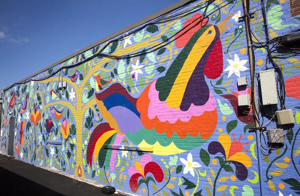 "Tenango" mural by the Mayor's Mural Crew, 2014, on Harris Avenue, just off Centre Street in Jamaica Plain, Boston. (Robin Lubbock/WBUR)